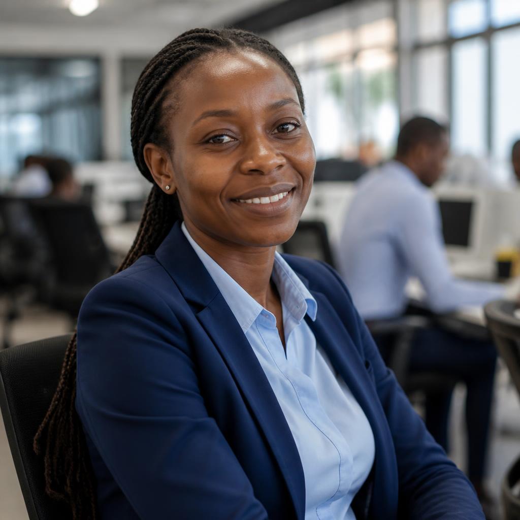 Salariée africaine souriante dans les bureaux de son entreprise