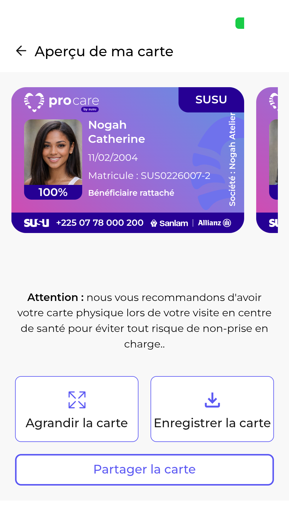 Carte de couverture ProCare dématérialisée dans l'application mobile