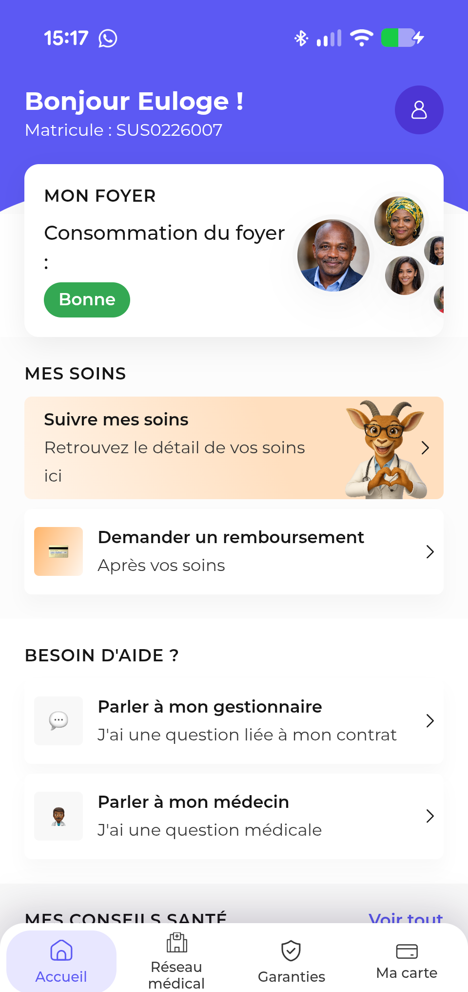 Accueil de l'application ProCare : suivi des soins, remboursements et chat médical