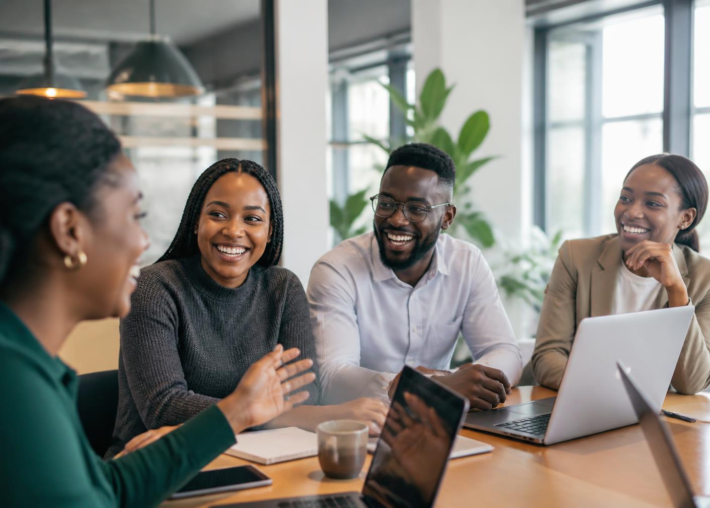 Équipe de salariés africains en réunion dans un bureau lumineux